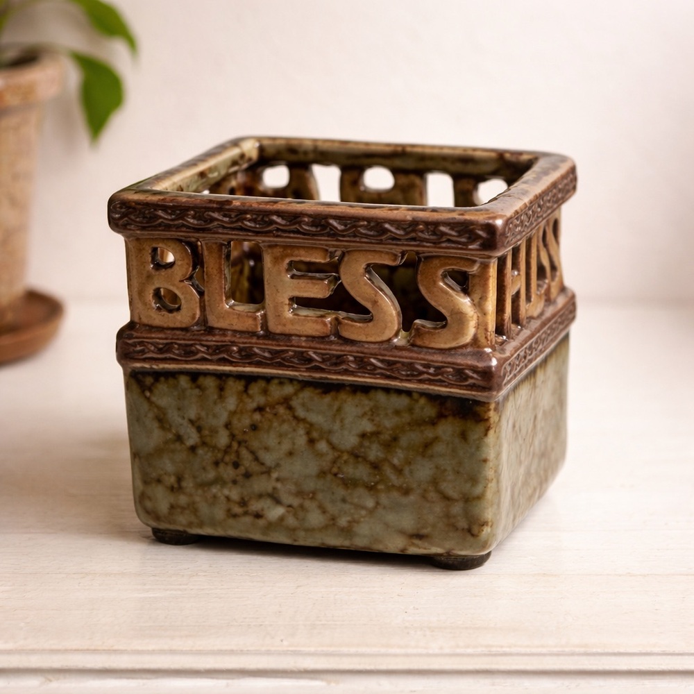 Vintage Dickson Pottery “Bless This Home Lord” Ceramic Candle Holder, Rustic